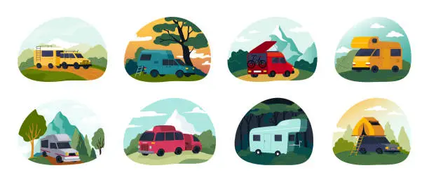 Vector illustration of Camping caravan. Car on recreational road. Picnic with vehicle. RV truck. Holiday vacations. Travelers automobiles. Campsite transport. Isolated camper trailers set. Vector illustrations