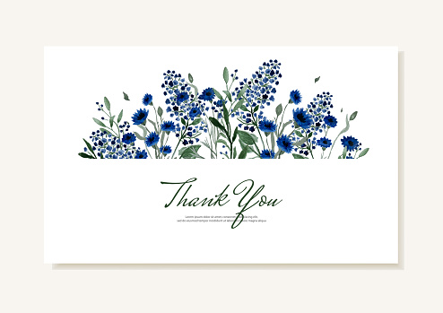 Thank you card with summer field blue flowers hand-painted in watercolor. Vector template