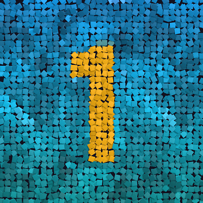 creative alphabet, 3d render of a yellow number 1 on blue background, mosaic effect