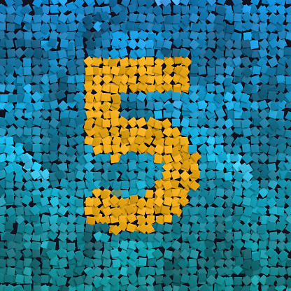 creative alphabet, 3d render of a yellow number 5 on blue background, mosaic effect