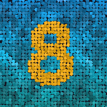 creative alphabet, 3d render of a yellow number 8 on blue background, mosaic effect