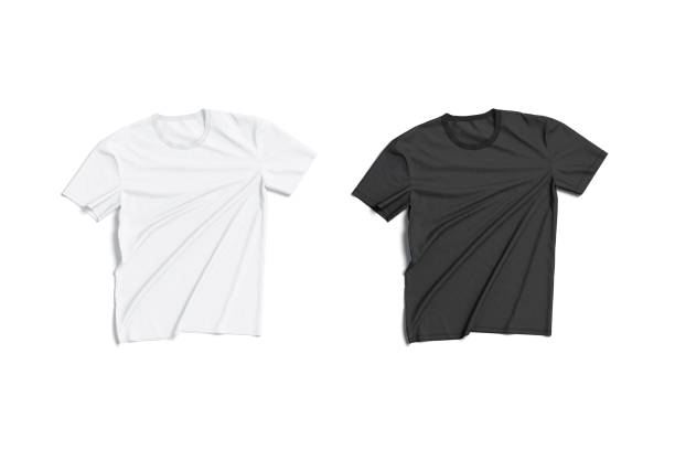 Blank black and white tightened t-shirt mockup flat lay, isolated, 3d rendering. Empty textile casual tshirt for uniform mock up, top view. Clear classic wrinkled cloth undervest template.
