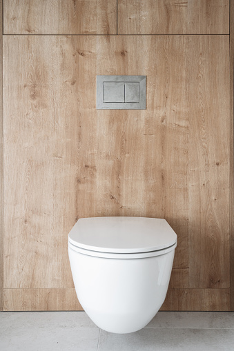 front view on white wc bowl with concealed cistern and water flush button switch on wall in luxury bathroom at apartment or hotel room. interior design concepts