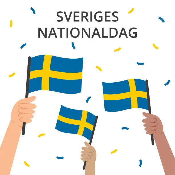 Vector illustration of Sweden National Day (Sveriges Nationaldag) banner. National holiday 6 June. Template with diverse hands holding Swedish flags.