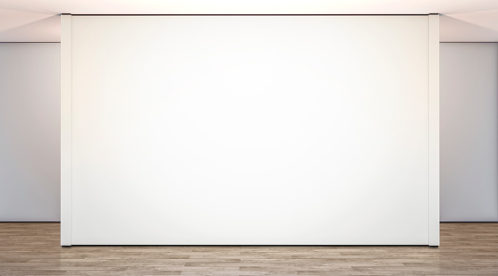 Blank white large gallery wall in studio mockup, front view, 3d rendering. Empty big exhibit or museum interior artwork in lobby on floor mock up. Clear contemporary exposition poster template.