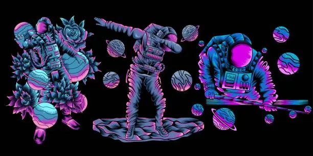 Vector illustration of Collection of illustrations of astronaut playing billiards in space, dabbing. Hand Drawn Vector Illustration