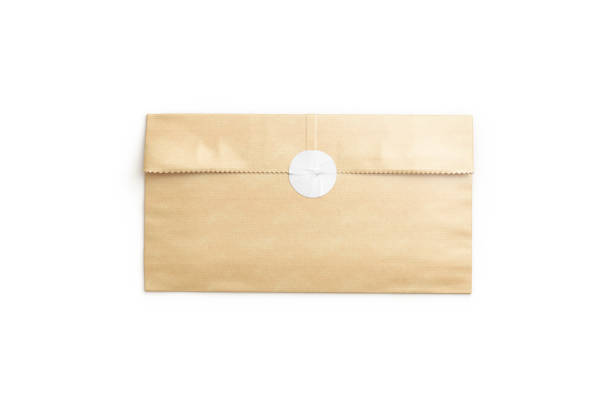 istock Blank craft rectangle paper bag with white sticker mockup, isolated 1487080107