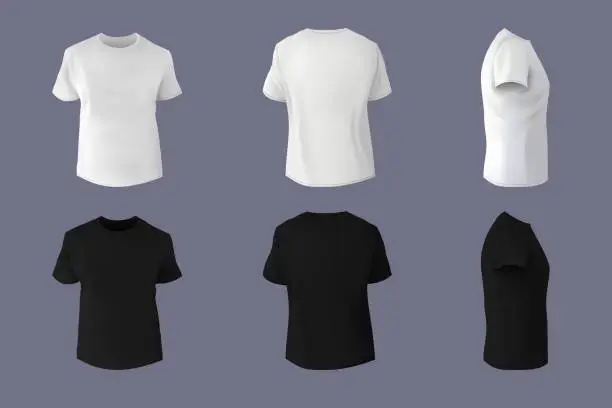 Vector illustration of Black and white blank t-shirt mockup. Front, back and side view, sport short sleeve empty print, blank men clothes. Casual textile clothing promotion. Vector realistic design template