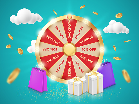 3D wheel spin. Roulette win. Shopping sale raffle. Lucky prize. Rotating circle. Offer or discount. Jackpot of lottery game. Pink gift boxes. Purchase bags. Falling gold coins. Vector banner template