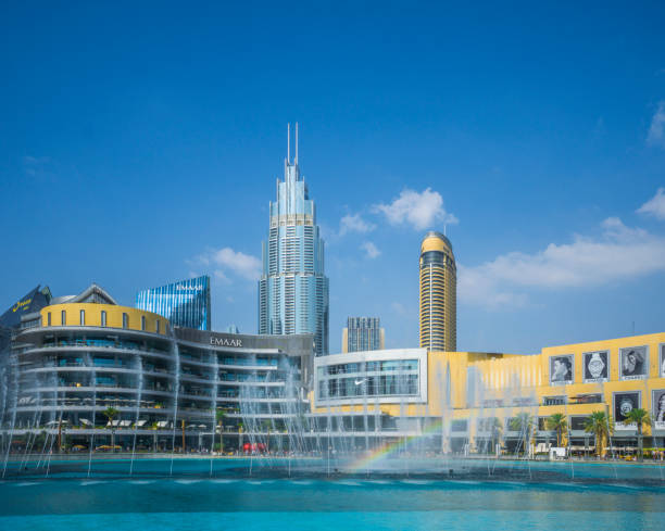 Burj Khalifa with Dubai Fountain, shopping mall and Hotels in Dubai stock photo