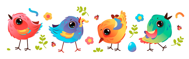 Cute funny birds set. Birds with worms and insects. Vector animal character in cartoon style.
