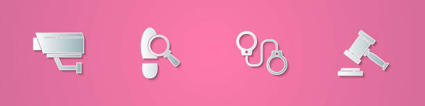 istock Set paper cut Security camera, Footsteps, Handcuffs and Judge gavel icon. Paper art style. Vector 1487083974