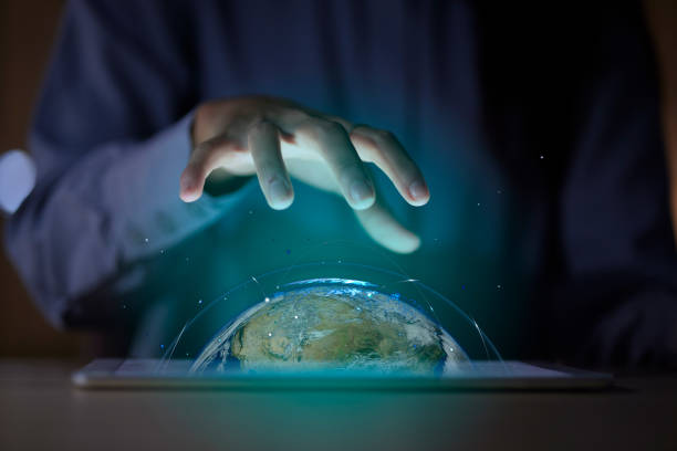 Hands, earth and 3d tablet world, cyber planet or augmented reality. Globe, technology and business woman with hologram of future sphere for eco friendly, globalization and sustainability in office. manos, tierra y mundo de la tableta 3d, planeta cibernético o realidad aumentada. globo, tecnología y mujer de negocios con holograma de esfera de futuro para el respeto al medio ambiente, la globalización y la sostenibilidad en la oficina.