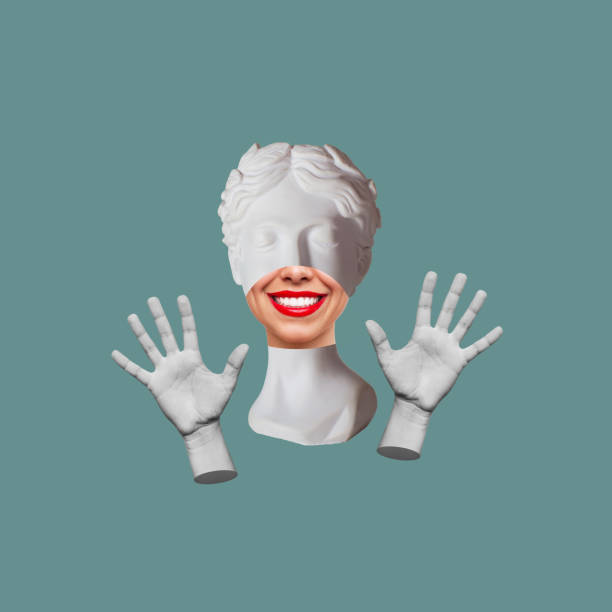 istock Antique female smiling statue showing palms with five fingers gesture with her hands 1487084851