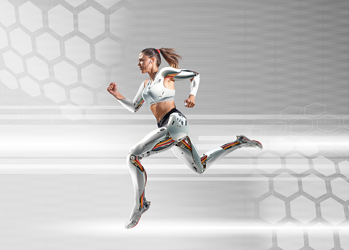 Female cyborg running on tech background