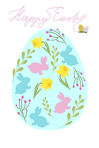A postcard ready on the theme of Easter, digital illustration, hand-drawn. The postcard is in high resolution and suitable for printing and web design, 300 dpi RGB.