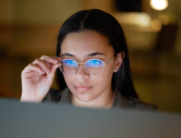 istock Computer, thinking and black woman working at night on web search and blog project. Digital website journalist, glasses and planing online writer doing research for creative writing for tech article 1487089813