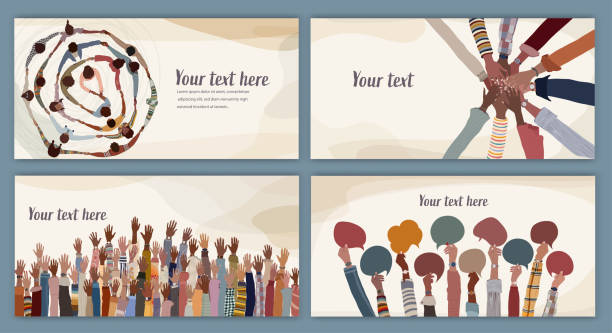 Many black skin African American men women group with hands raised. Template banner copy space.People holding hands in a circle.Black history month.People holding speech bubble. Equality Group of raised hands and arms of many people of African or African American culture. Racial equality concept. Human rights concept. Black history month concept ethnic diversity stock illustrations