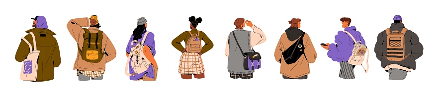 People wearing bags, backpacks set, rear view. Tourists, students with luggage for travel, city, shopping. Men, women backs with packs. Flat graphic vector illustrations isolated on white background.