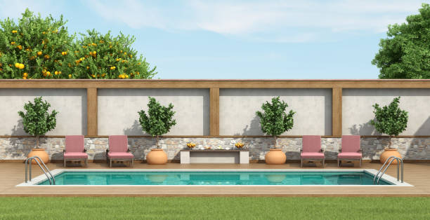 Swimming pool in a garden with sunbeds