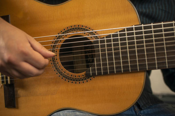 istock Hand of a musician with long nails playing a fret with eight strings 1487095496