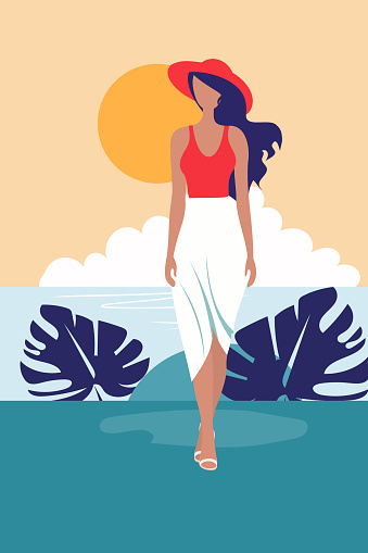 Woman in minimalism flat style, bright and colorful on the background of the sea, can be used for home poster, postcard