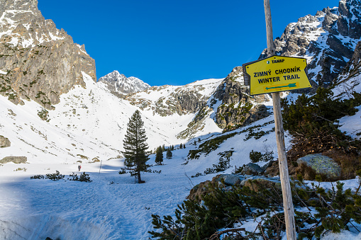 Stary Smokovec, Slovakia - May 01, 2023: A board informing about the course of the winter trail to the Teryho chata shelter (Terynka) in the Slovak High Tatras.