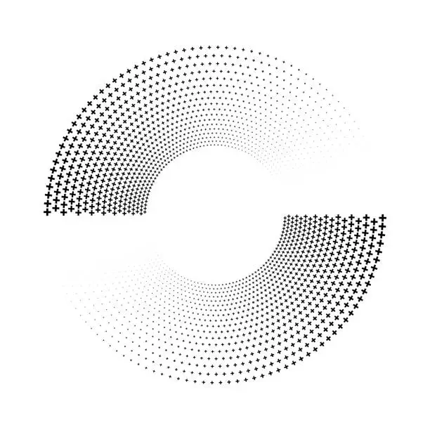 Vector illustration of Two fading semi circle sections made of plus shapes