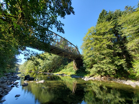 This is a photograph taken on a mobile phone outdoors of a Bridge crossing the Bogachiel River in the Washington state park seen from a low angle view.