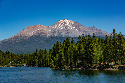 Mt. Shasta, California, USA - July 17, 2022:  Views of Mt. Shasta, Siskiyou and nearby alkes and streams.