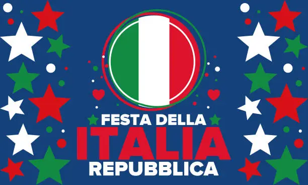 Vector illustration of Festa della Repubblica Italiana. Text in italian: Italian Republic Day. Happy national holiday. Celebrated annually on June 2 in Italy. Italy flag. Patriotic design. Vector poster