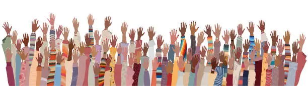 Vector illustration of Isolated many raised hands and arms of African-American women.Female social community Black women.Equality Allyship. Black history month.Empowerment or inclusion. Racial equality. Equal