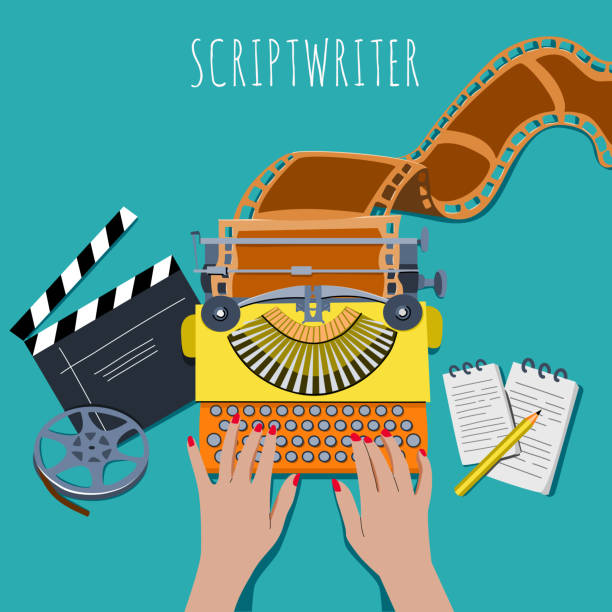 ilustrações de stock, clip art, desenhos animados e ícones de creating a script for a movie, video. women's hands are typing on a typewriter. the work of a screenwriter - playwright