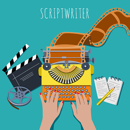 Creating a script for a movie, video. Women's hands are typing on a typewriter. The work of a screenwriter.