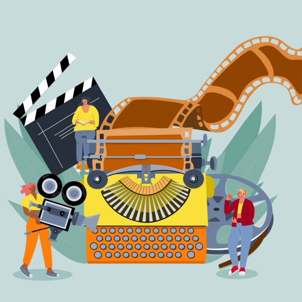 ilustrações de stock, clip art, desenhos animados e ícones de vector illustration of the screenwriter. the concept of writing a script. work on the production of the film. retro typewriter with film - playwright