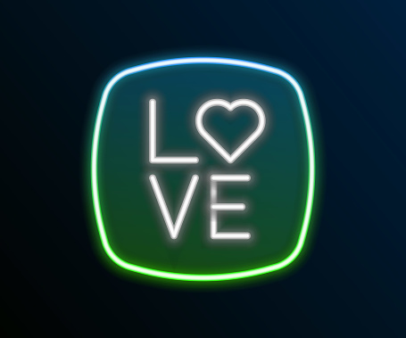 Glowing neon line Love text icon isolated on black background. Valentines day greeting card template. Colorful outline concept. Vector.