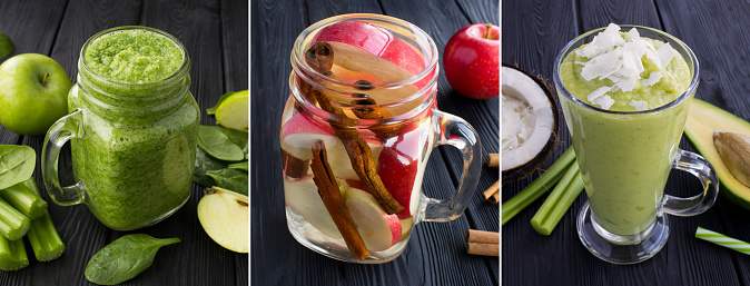 Collage of healthy food. Green smoothie with fruit, vegetable and infused water with apple on the black background. Close-up.