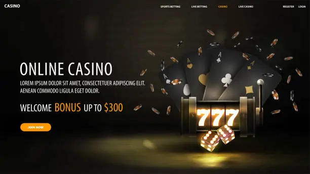 Vector illustration of Online casino, welcome bonus, black banner with offer, neon slot machine, black playing cards, dice and poker chips on dark background