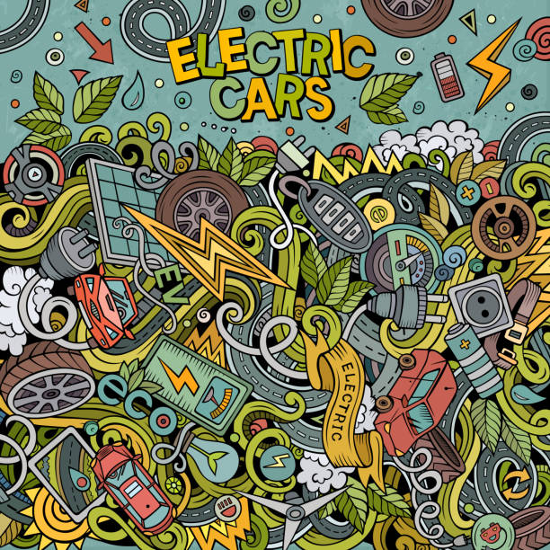 cartoon-doodles elektroautos rahmendesign - art electric plug cartoon drawing stock-grafiken, -clipart, -cartoons und -symbole