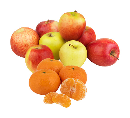 pile of apples and oranges with cut out isolated on white background have clipping path