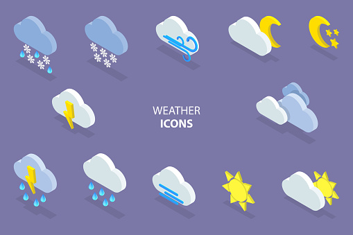 3D Isometric Flat Vector Set of Weather Icons, For Web or Mobile App
