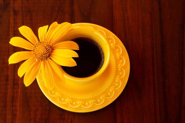 Goiânia, Goias, Brazil – May 01, 2023:  A yellow cup of coffee on a saucer and a sunflower on top of a dark wooden table.