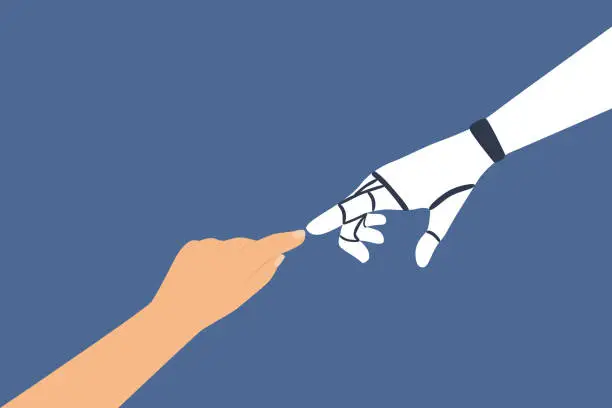 Vector illustration of Human Finger And Robot Finger Touching Each Other On Blue Background