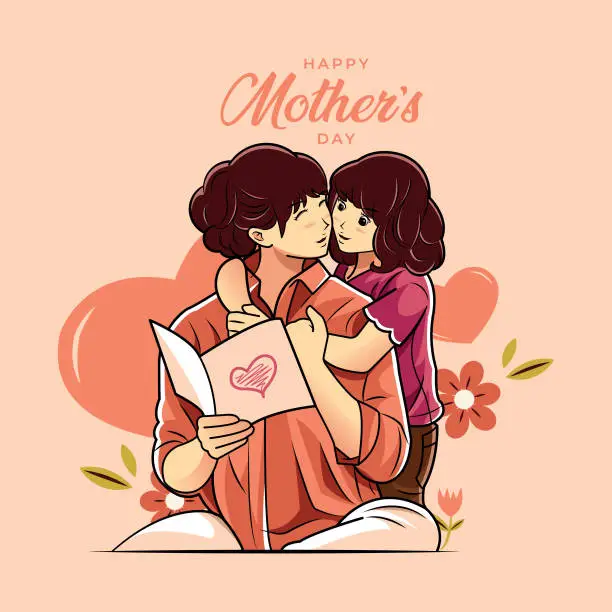 Vector illustration of On Mother's Day, the girl is offering a greeting to her mother.