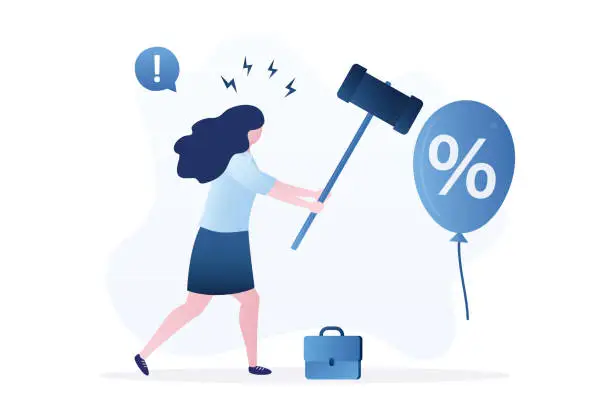 Vector illustration of Businesswoman hitting balloon with hammer. Beat inflation. High interest rates on loans. Federal Reserve seeks to control inflation by influencing interest rates. Economic risk