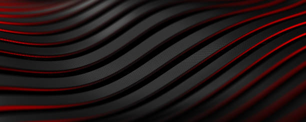 istock Black carbon fiber motion background. Technology wavy line with red neon glowing light 3d illustration. 1487111093