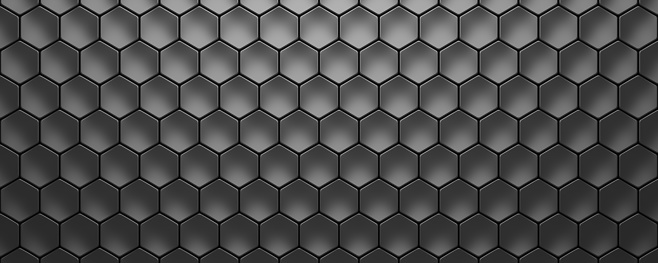 Black digital technological background with  hexagon cells. 3d abstract illustration of honeycomb structure. Global Communications and Big Data technology 3d illustration.