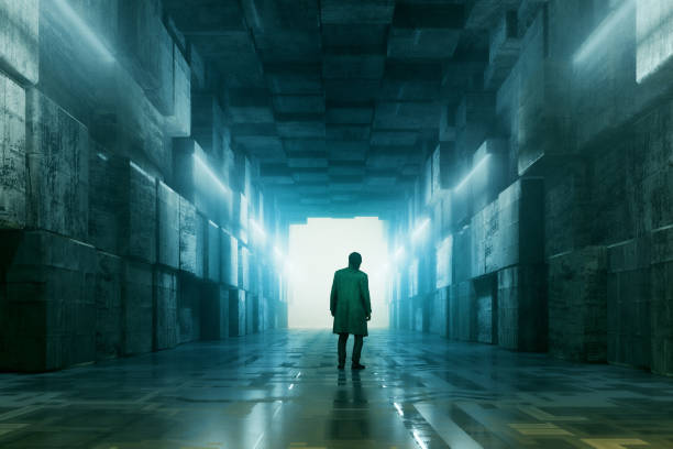 istock Confused man standing in futuristic corridor 1487112719