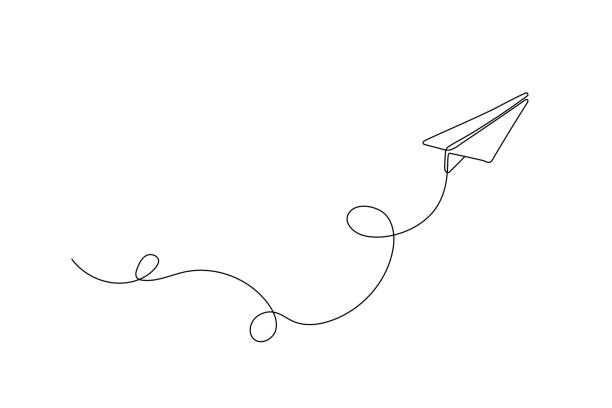 ilustraciones, imágenes clip art, dibujos animados e iconos de stock de avión de papel volador con arte en una línea continua - flying vacations doodle symbol
