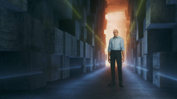 istock Confused man standing in futuristic corridor 1487112758